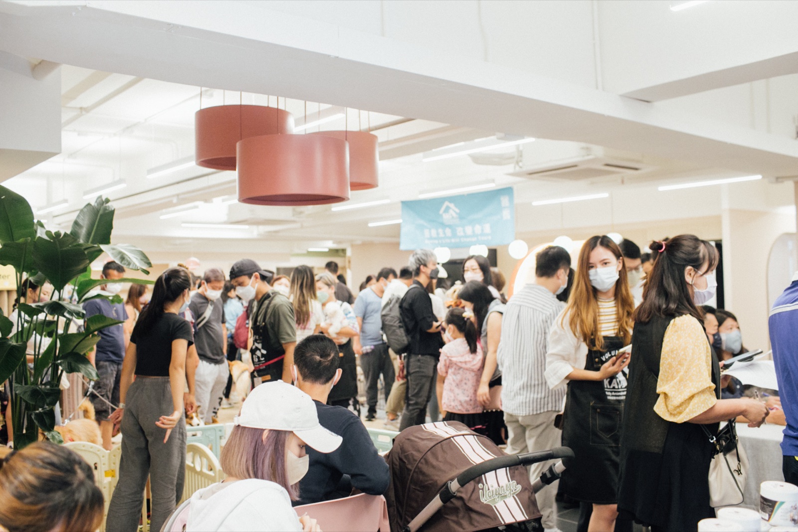 活動場地內擠滿參加者，部分人帶著狗隻參與